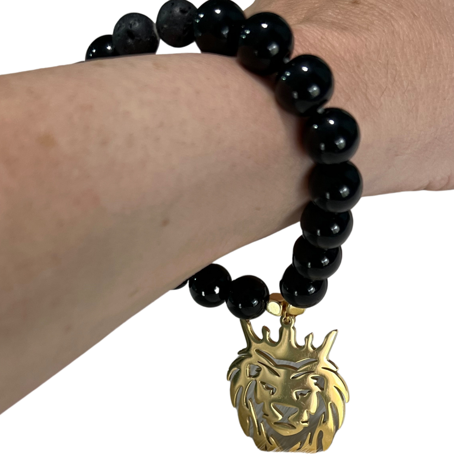 Lion of Judah Genuine Semi-Precious Onyx Stone Beads and Lava Stone Stretchy Cord Bracelet