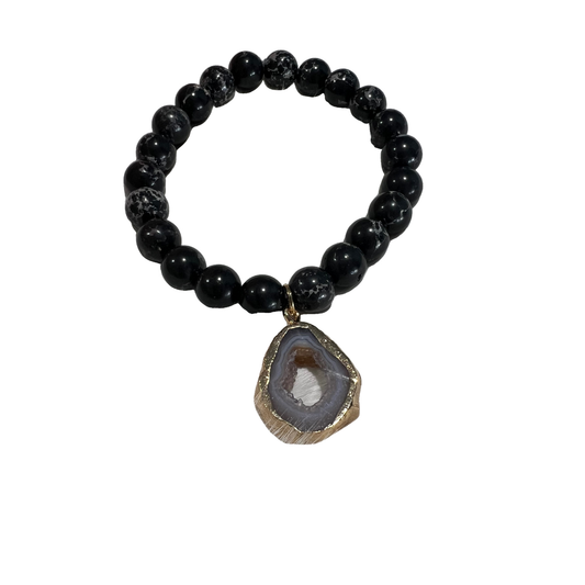 Black Jasper Stretchy Bracelet  With 18K Gold Dipped Druzy Mysteries of Heaven Style 2