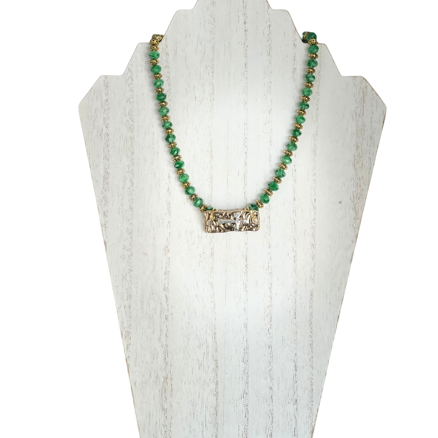 Healing in His Hem Tiger's Eye Green Glass Necklace with Gold tone and Pewter Cross Pendant