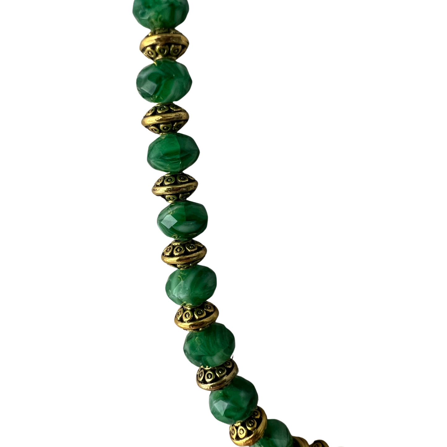 Healing in His Hem Tiger's Eye Green Glass Necklace with Gold tone and Pewter Cross Pendant