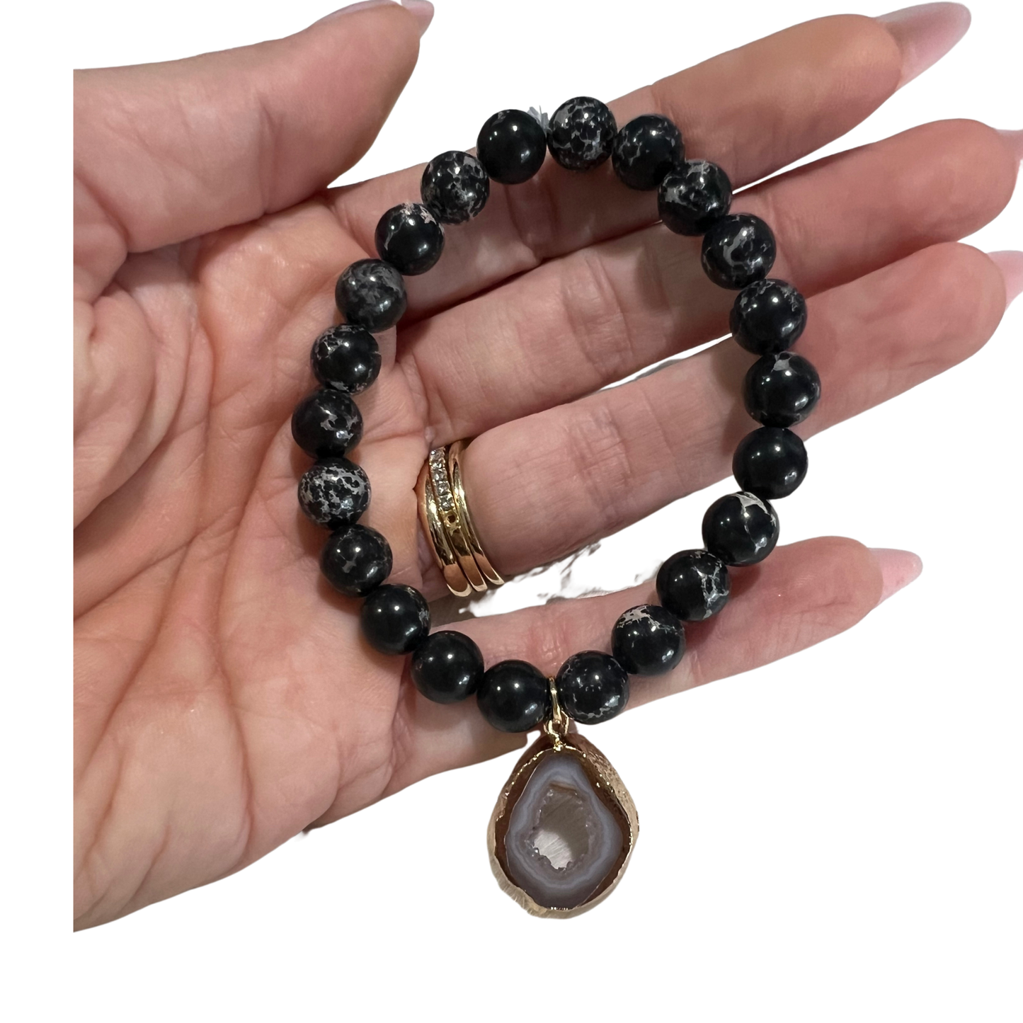Black Jasper Stretchy Bracelet  With 18K Gold Dipped Druzy Mysteries of Heaven Style 2