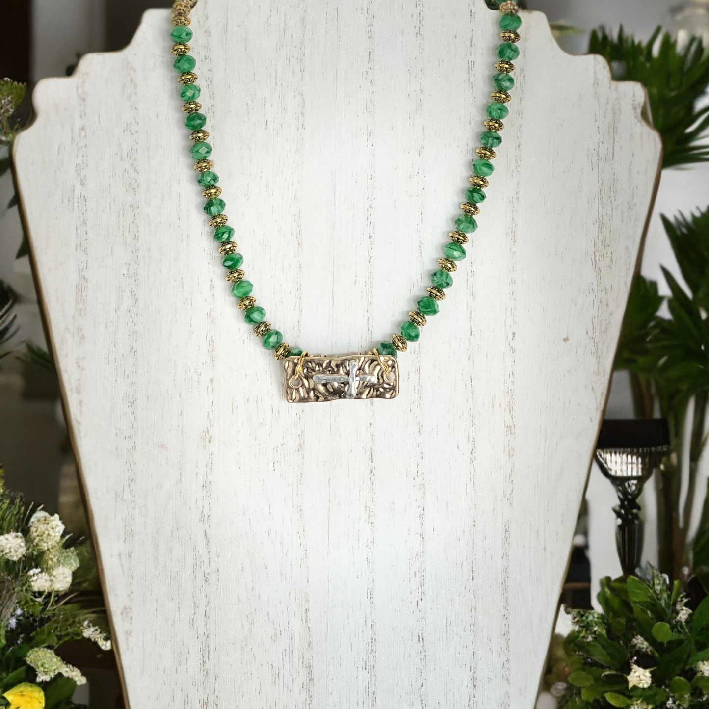 Healing in His Hem Tiger's Eye Green Glass Necklace with Gold tone and Pewter Cross Pendant