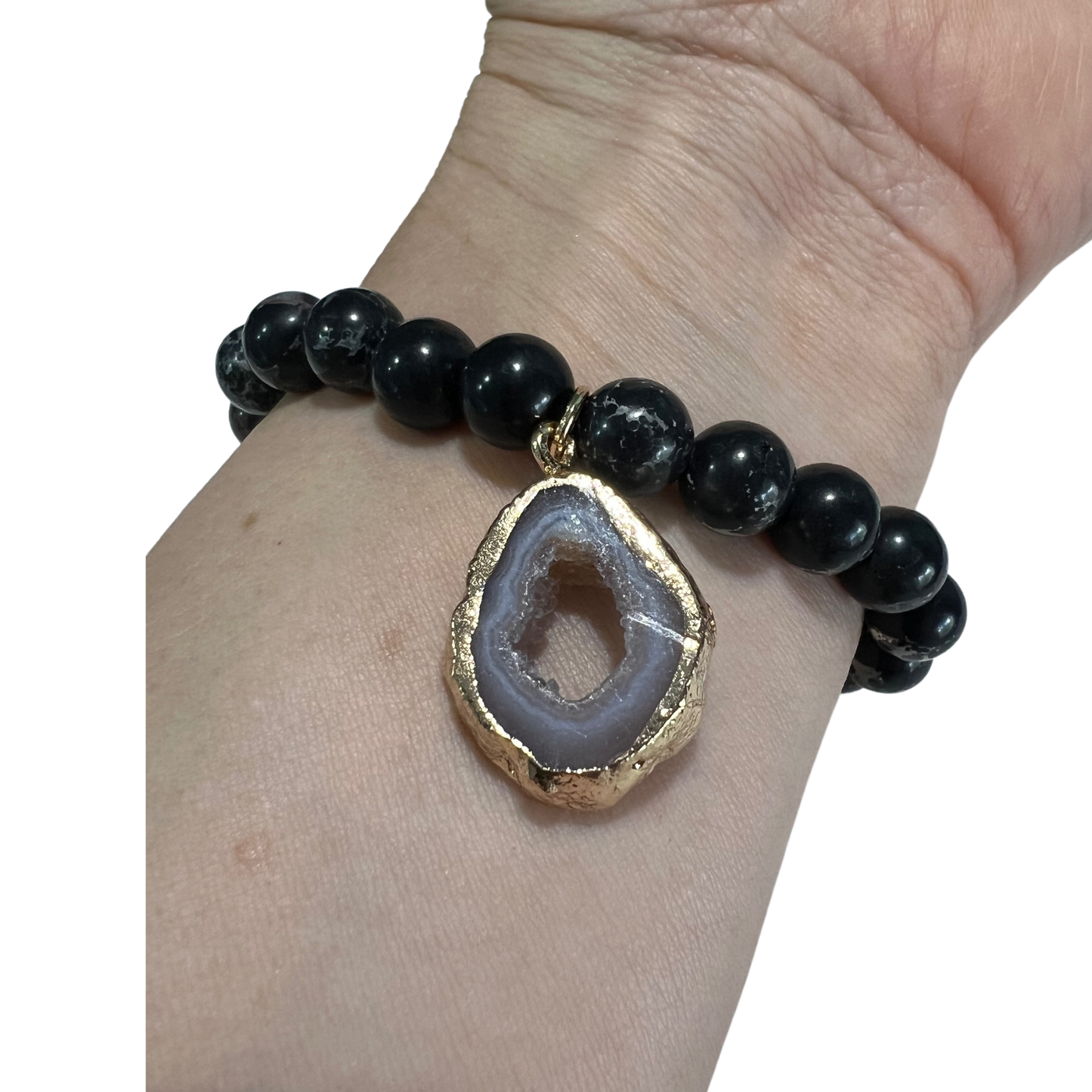 Black Jasper Stretchy Bracelet  With 18K Gold Dipped Druzy Mysteries of Heaven Style 2