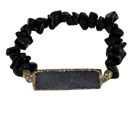 Black Obsidian Stretch Bracelet With Gold Plated Dipped Druzy- Mysteries of Heaven Style 3