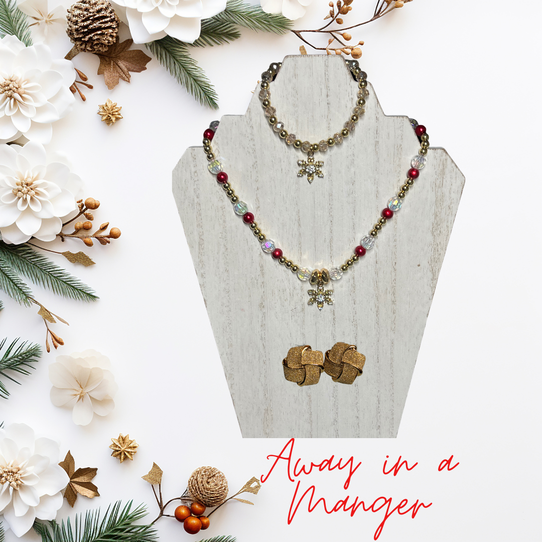 Away in a Manger SET with Red, Gold, Clear Stones, and Gold Accents Necklace, Bracelet and Earrings