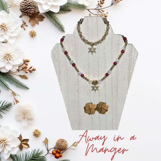 Away in a Manger SET with Red, Gold, Clear Stones, and Gold Accents Necklace, Bracelet and Earrings