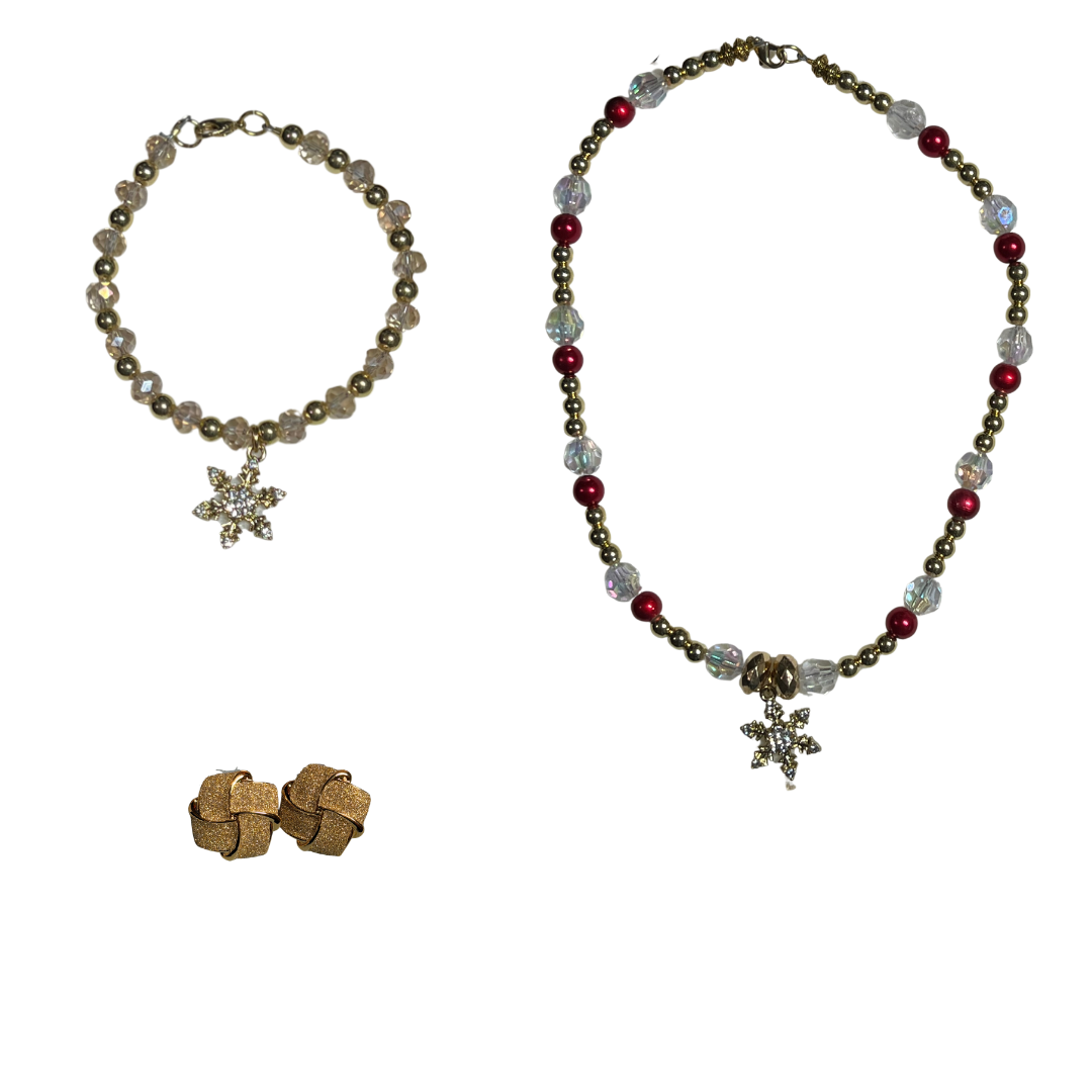 Away in a Manger SET with Red, Gold, Clear Stones, and Gold Accents Necklace, Bracelet and Earrings