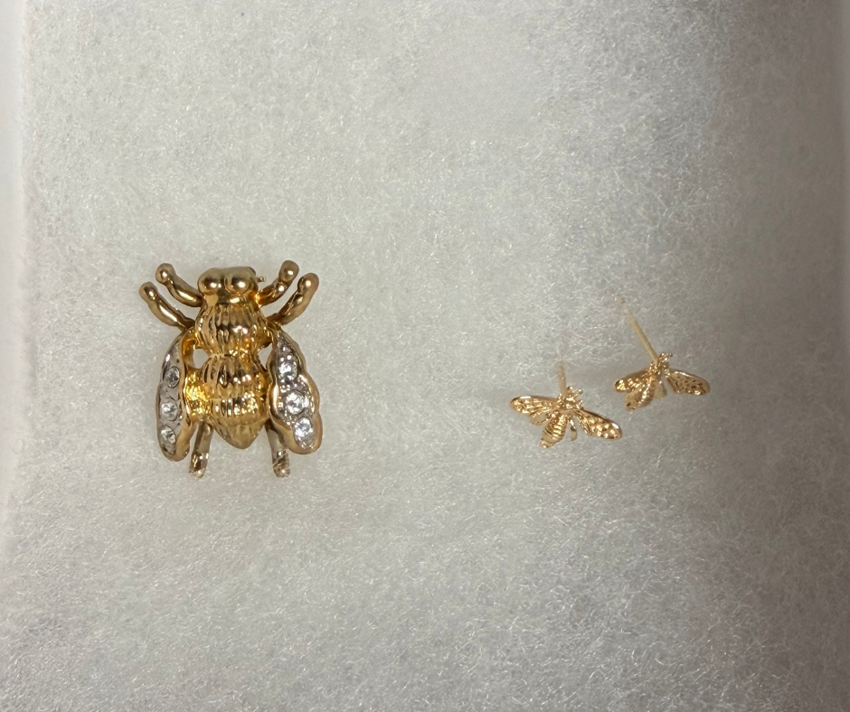 Deborah the Bee 18K Gold- Plated Brooch and Stud Earrings Bundle