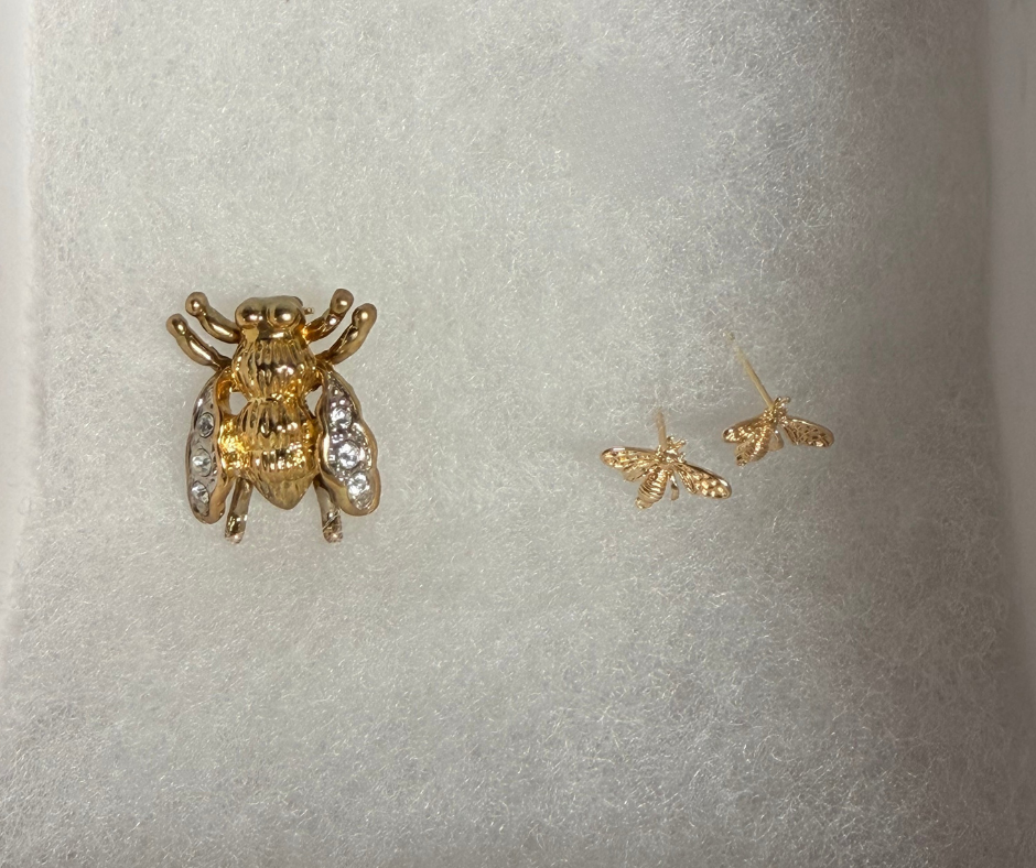 Deborah the Bee 18K Gold- Plated Brooch and Stud Earrings Bundle