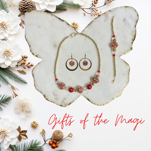 The Gift of the Magi SET- Necklace, Bracelet, and Earrings with Red Enamel, Gold, and Rhinestone Accents