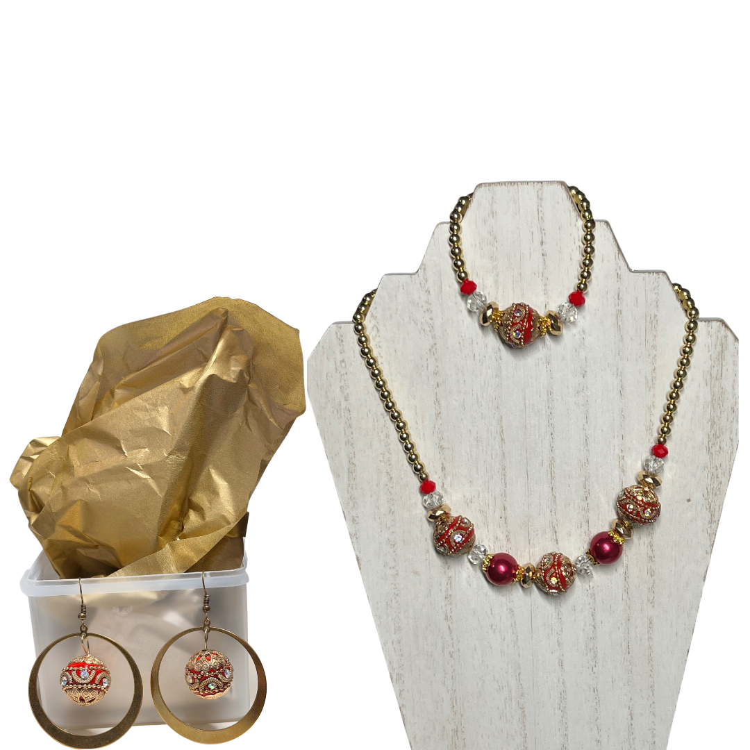 The Gift of the Magi SET- Necklace, Bracelet, and Earrings with Red Enamel, Gold, and Rhinestone Accents