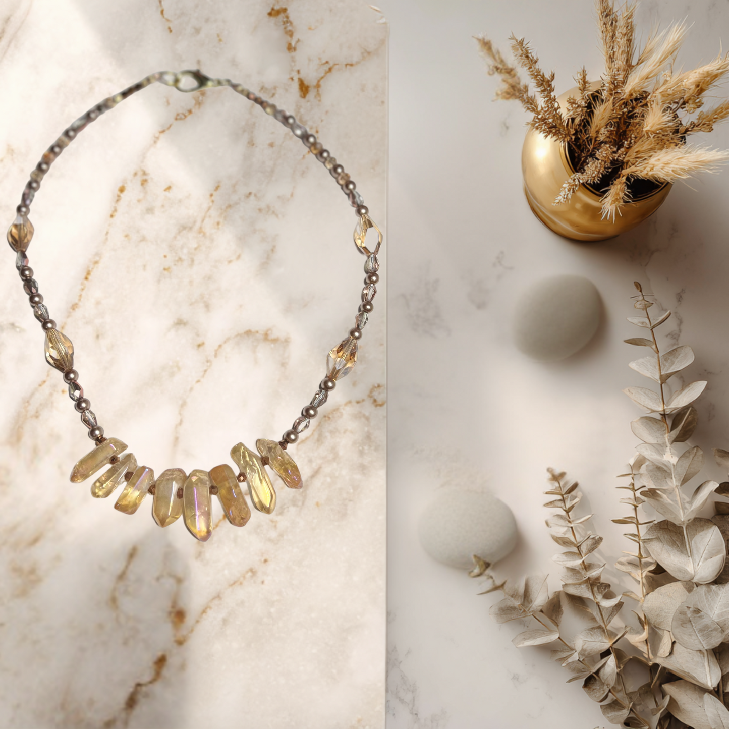 His Splendor Prophetic Necklace With Amber Luster Stones, Quartz beads, and Glass beads