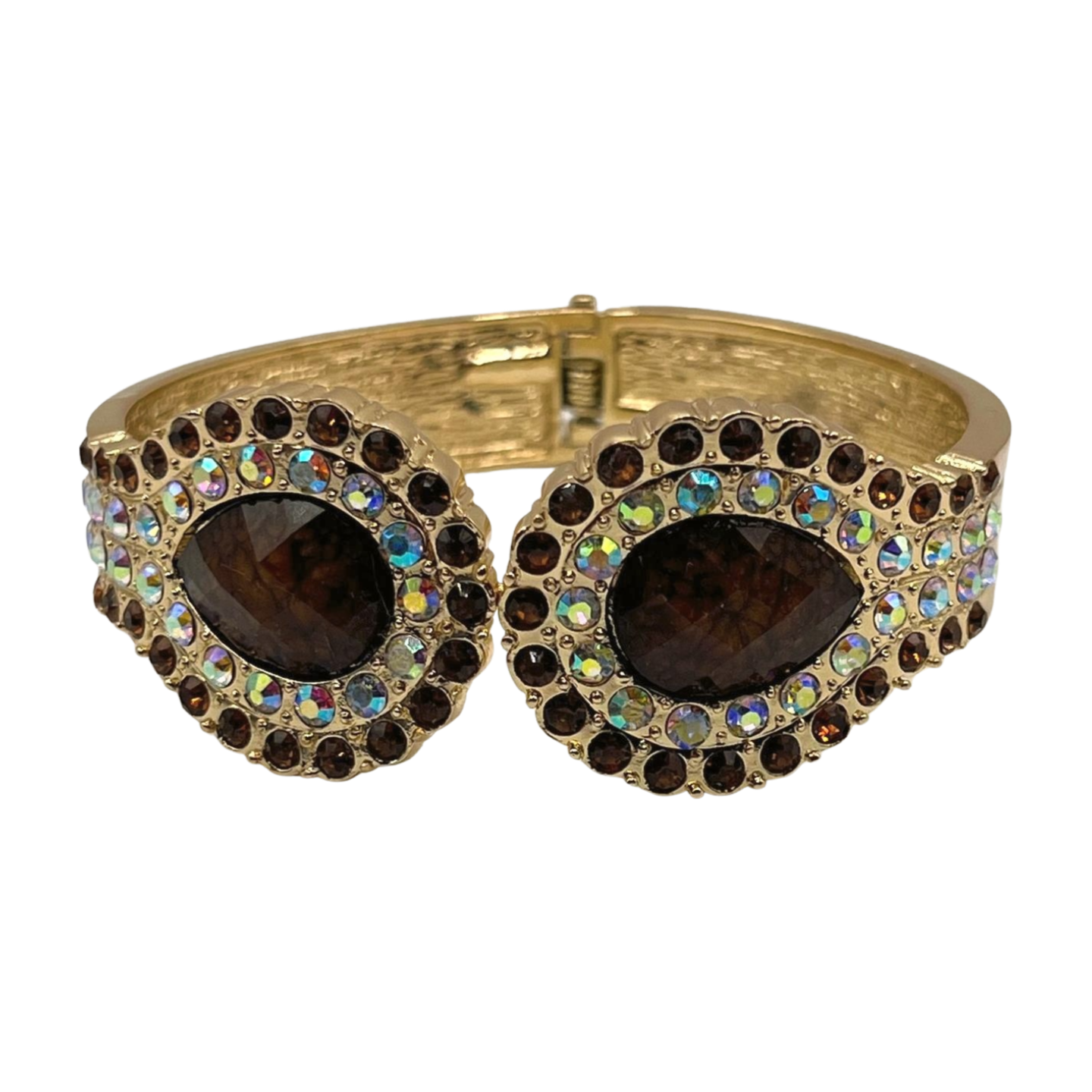 Esther Rising Rhinestone Gold Tone Cuff Bracelet With Faceted Main Stones and Aurora Borealis