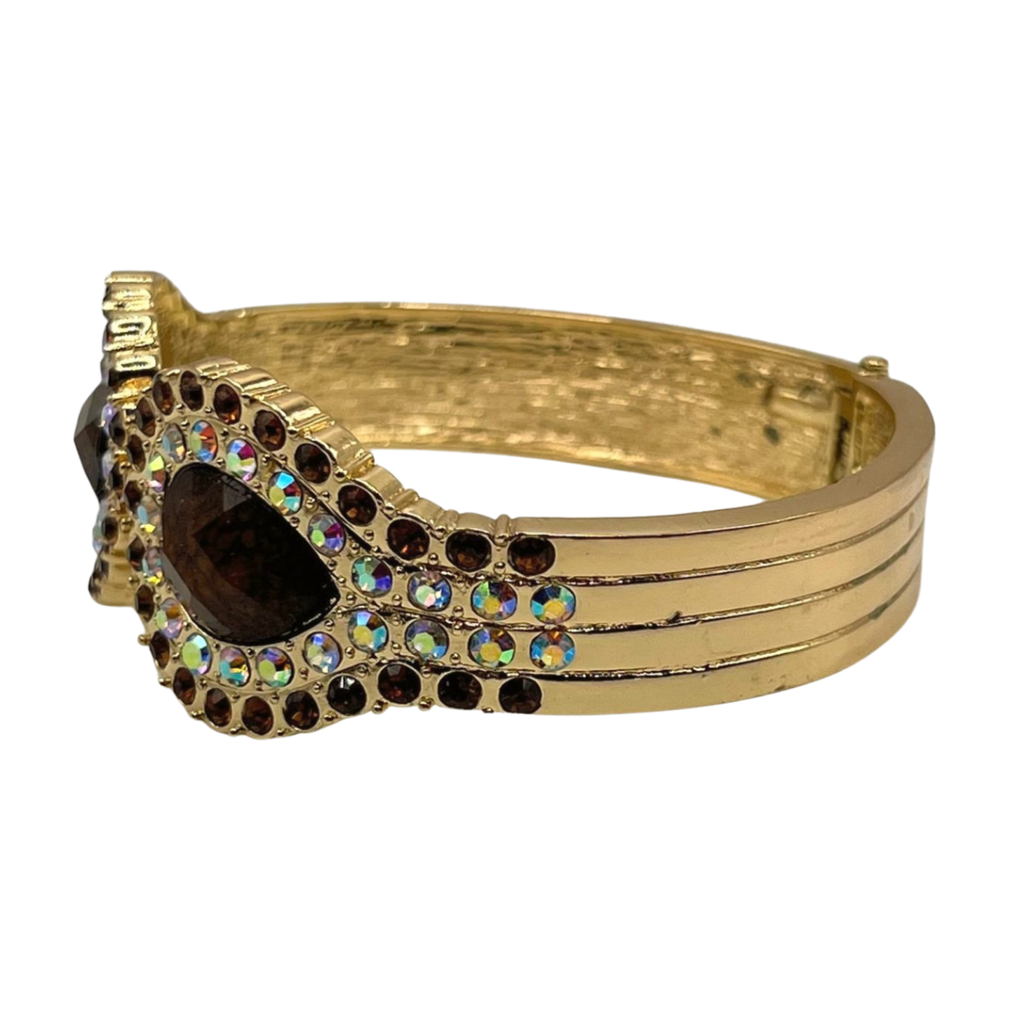 Esther Rising Rhinestone Gold Tone Cuff Bracelet With Faceted Main Stones and Aurora Borealis