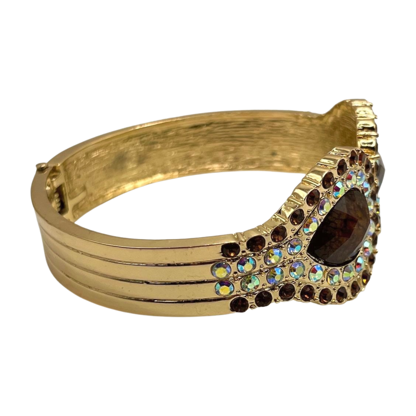 Esther Rising Rhinestone Gold Tone Cuff Bracelet With Faceted Main Stones and Aurora Borealis