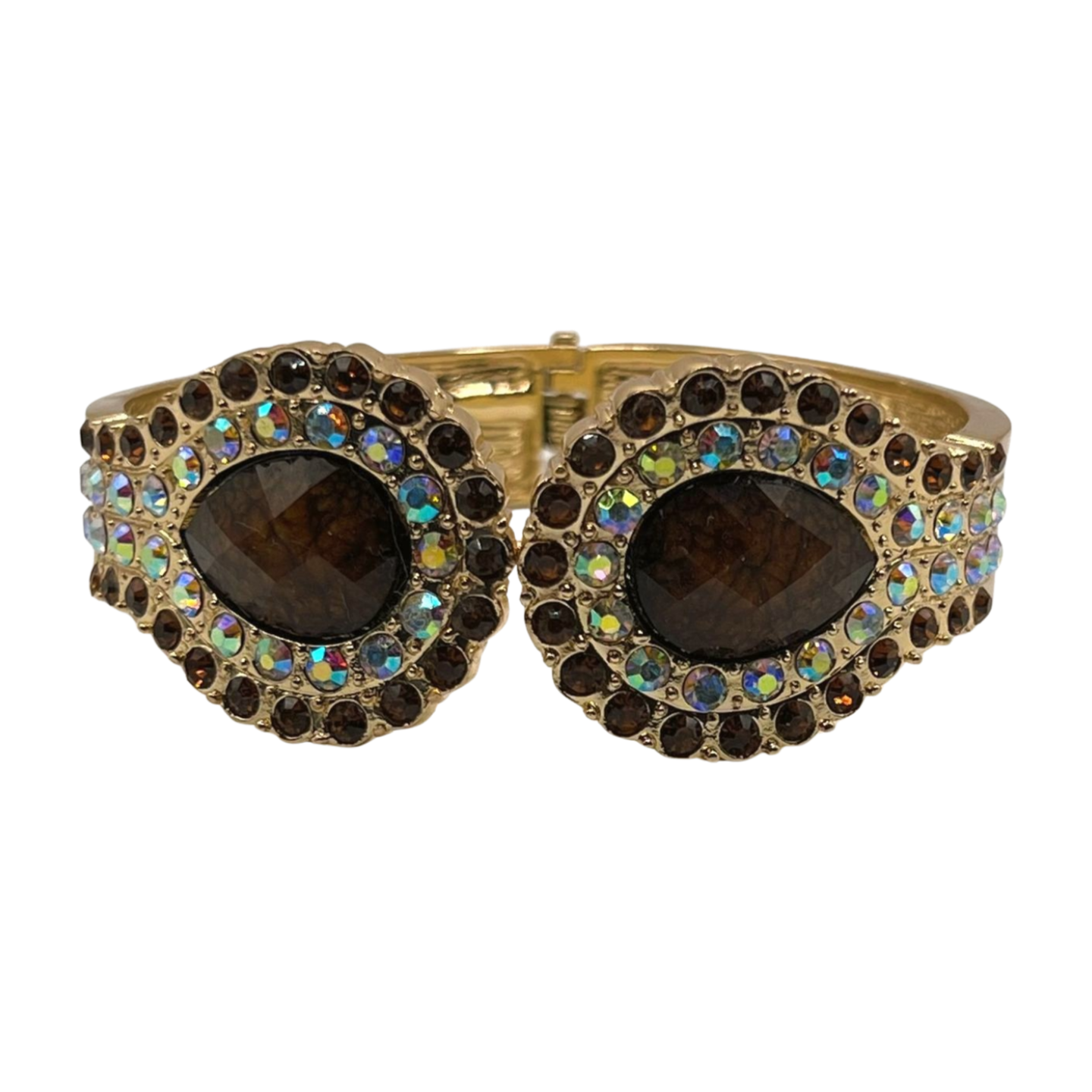 Esther Rising Rhinestone Gold Tone Cuff Bracelet With Faceted Main Stones and Aurora Borealis