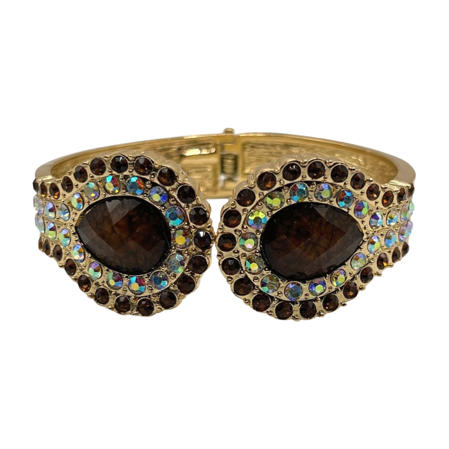 Esther Rising Rhinestone Gold Tone Cuff Bracelet With Faceted Main Stones and Aurora Borealis