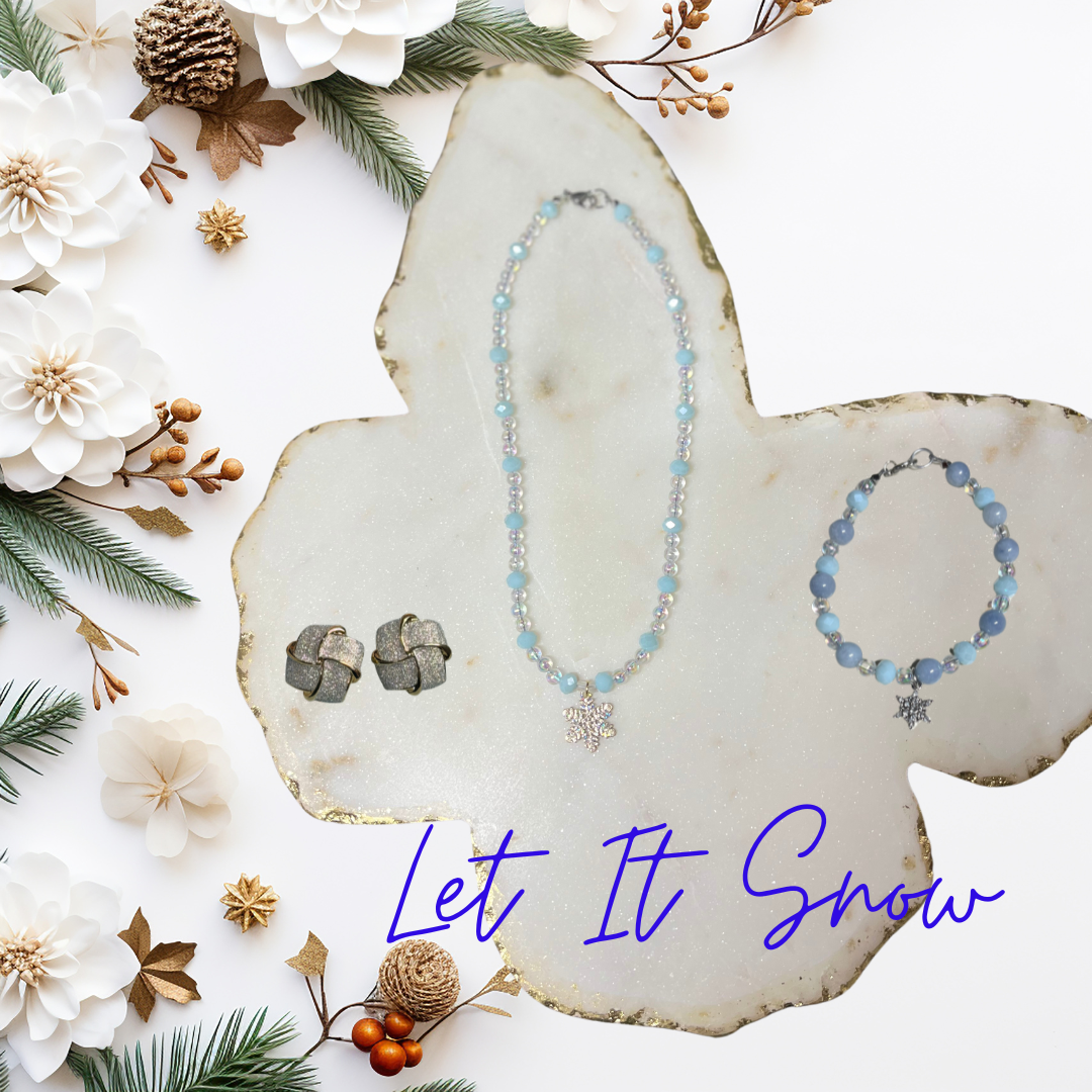 Let it Snow SET with Opal Jade Beads, Shimmering Glass, and 18K Gold Electroplated Earrings