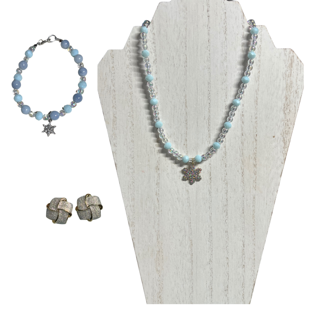 Let it Snow SET with Opal Jade Beads, Shimmering Glass, and 18K Gold Electroplated Earrings