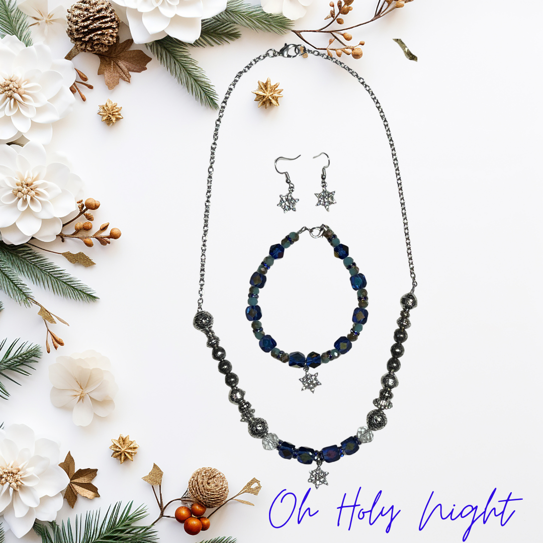 Oh Holy Night SET with Sapphire Blue Beads and Icy Silver Adorned with Bright Crystal