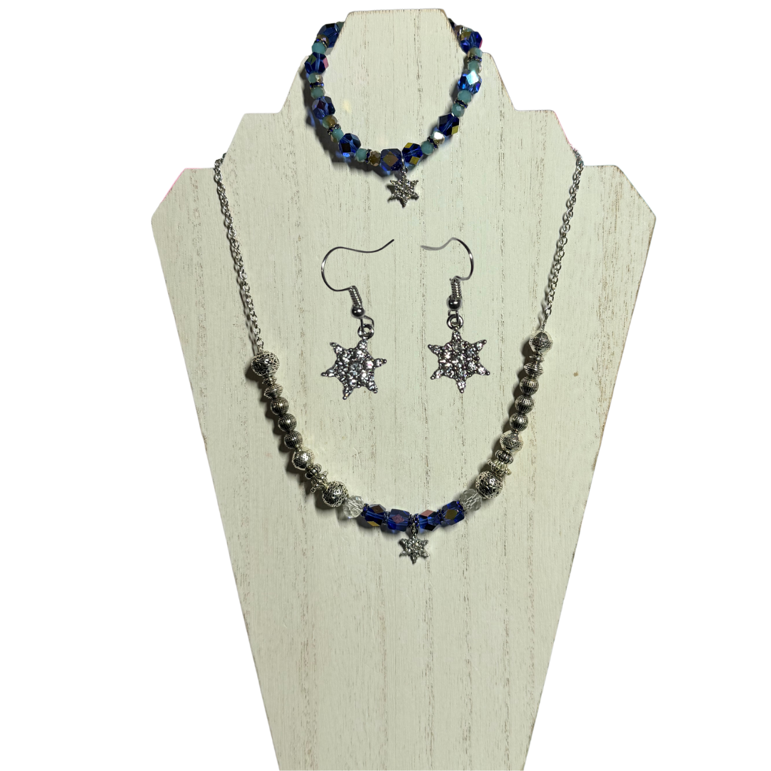 Oh Holy Night SET with Sapphire Blue Beads and Icy Silver Adorned with Bright Crystal