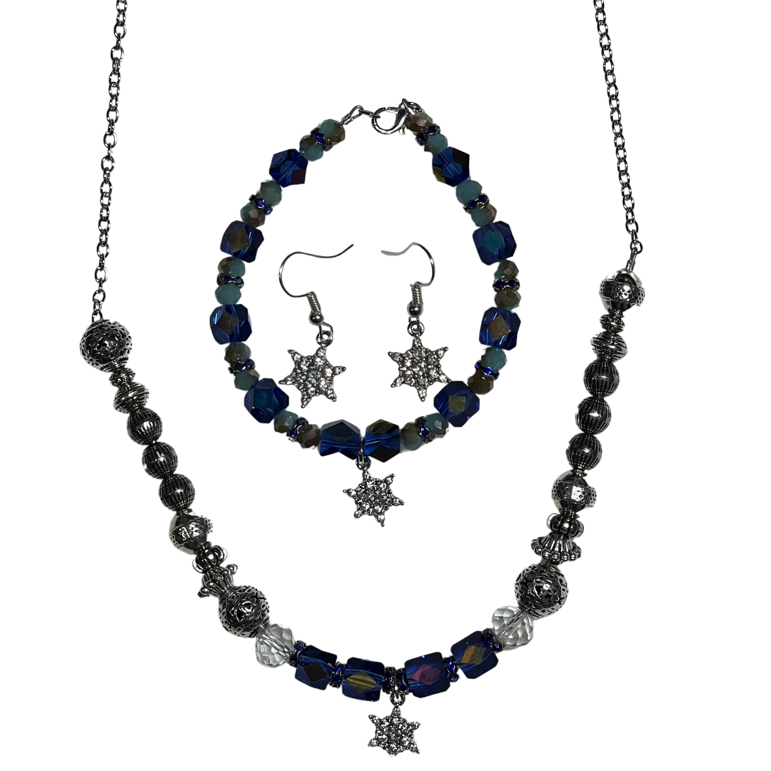 Oh Holy Night SET with Sapphire Blue Beads and Icy Silver Adorned with Bright Crystal