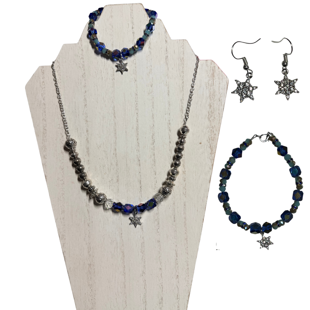 Oh Holy Night SET with Sapphire Blue Beads and Icy Silver Adorned with Bright Crystal