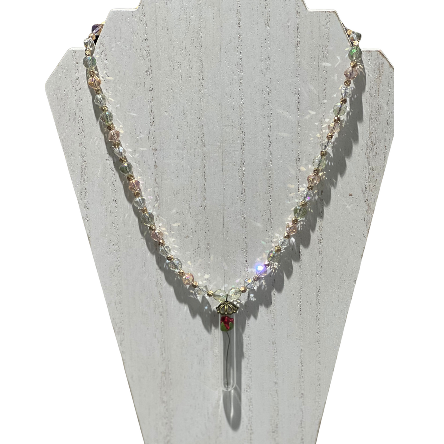 Preserved Beaded Necklace with Rose in Glass Pendant