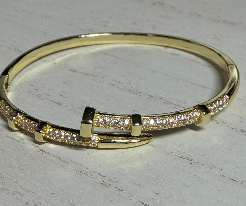 Pierced with Promise- 18K Gold Plated Hinged Nail Bangle with Studded Cubic Zirconia