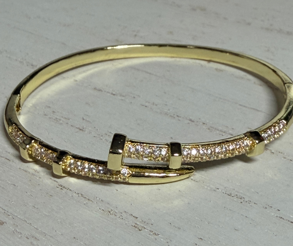 Pierced with Promise- 18K Gold Plated Hinged Nail Bangle with Studded Cubic Zirconia