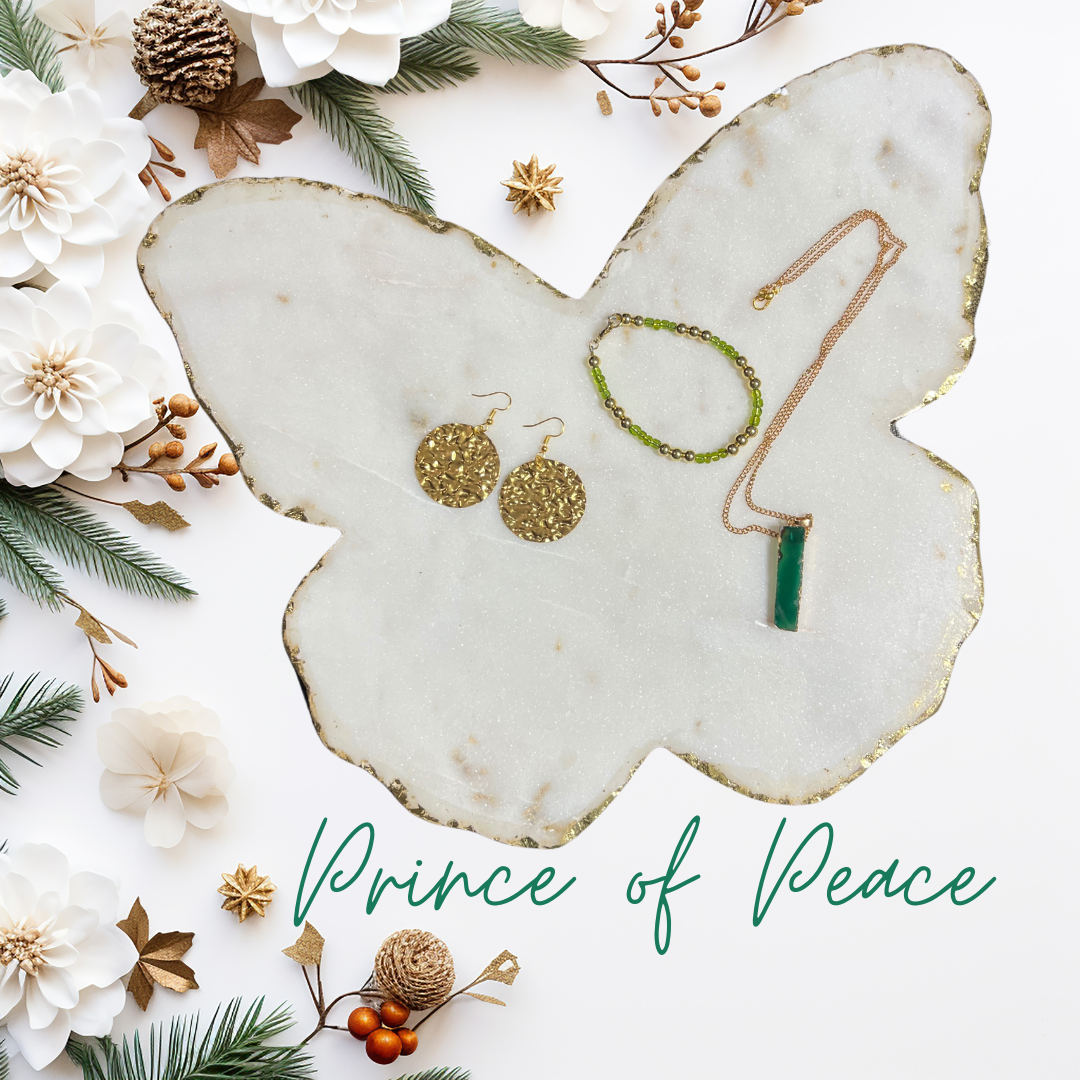 Prince of Peace SET Necklace, Earrings, and Bracelet with Hammered Gold and Translucent Pendant