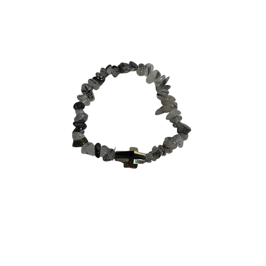 Refiner's Fire Bracelet With Black Tourmaline Quartz Beads and Smoky Cyrstal Cross