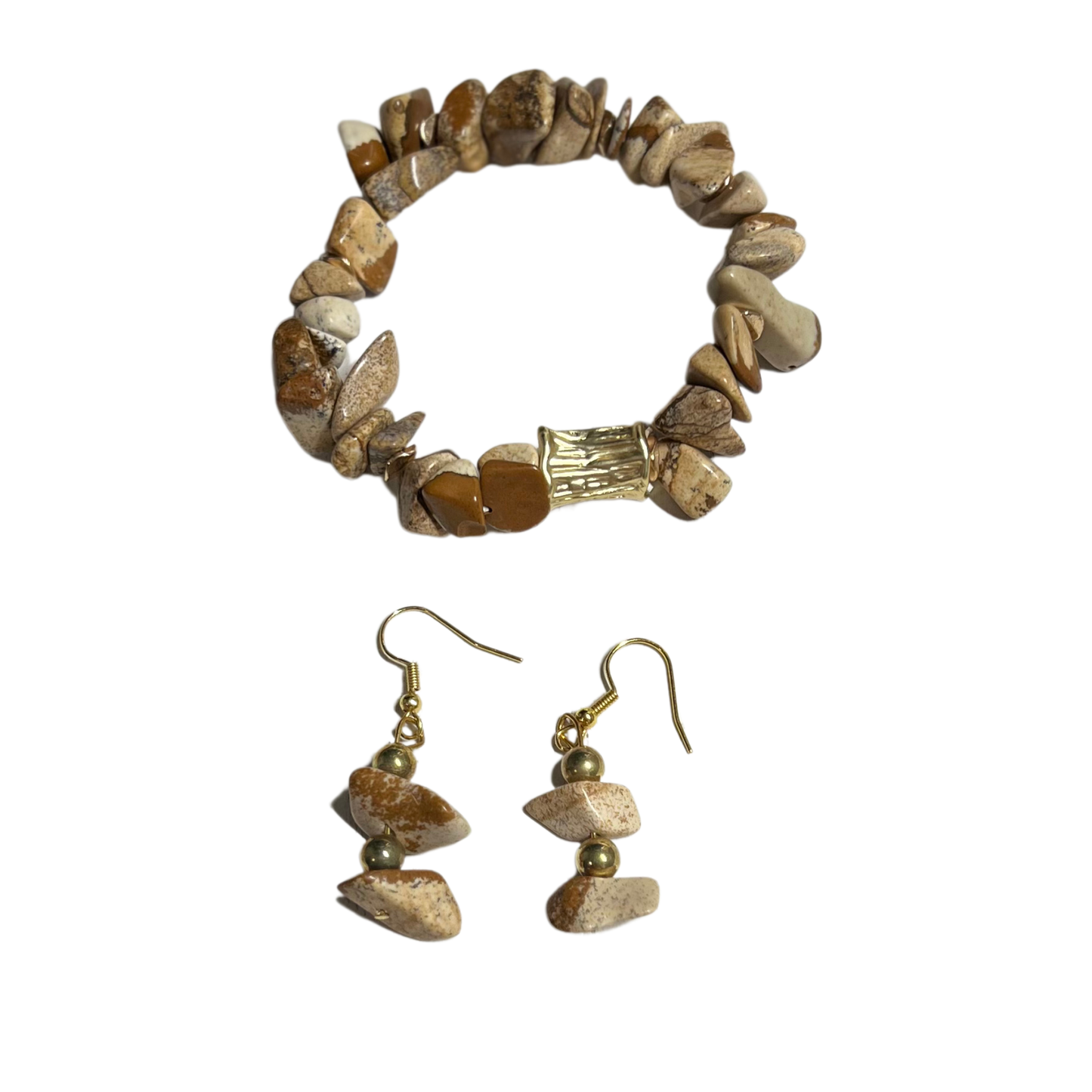 Stephen Bracelet and Earrings Set 18K Gold and Picture Jasper Stones