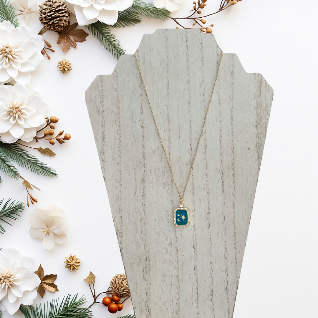 The Christmas Star 18K Gold Plated Necklace Blue Enamel and Cubic Zirconia Pendant
