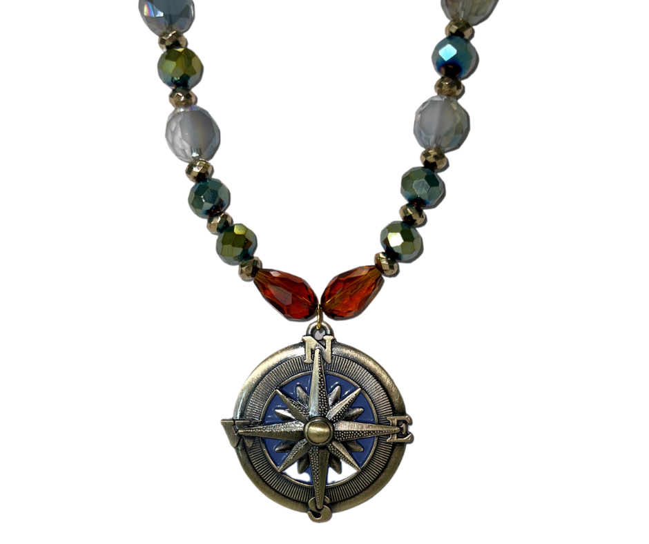 True North Glass Beaded Necklace With Antique Brass Style Compass Pendant