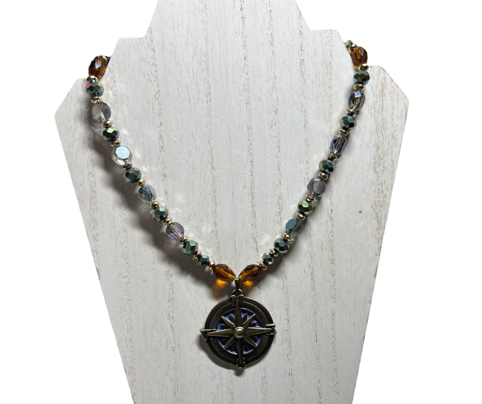 True North Glass Beaded Necklace With Antique Brass Style Compass Pendant