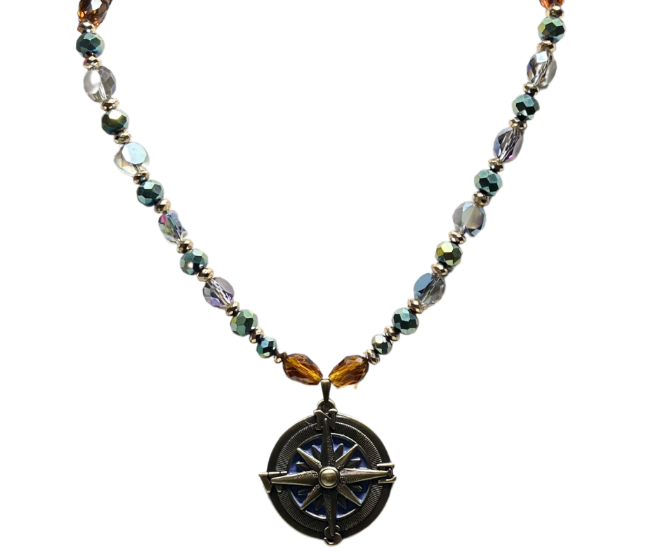 True North Glass Beaded Necklace With Antique Brass Style Compass Pendant