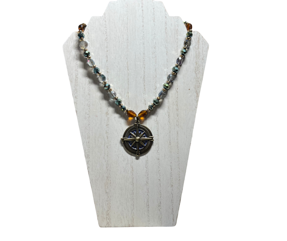 True North Glass Beaded Necklace With Antique Brass Style Compass Pendant