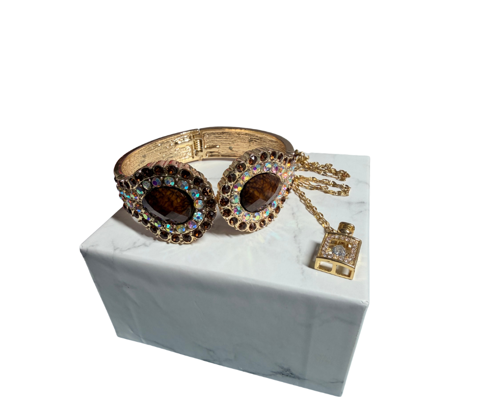 The Intercessor's Oil Gold Plated Necklace and Hinged Cabachon and Rhinestone Bracelet Bundle